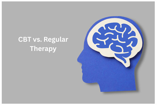 Illustration of a human head silhouette with a highlighted brain, representing CBT vs regular therapy comparison